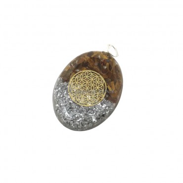 Tiger Eye with Flower of Life Oval Orgone Shaped Pendant